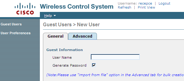 WCS - rozhranní pro vytváření Guest účtů