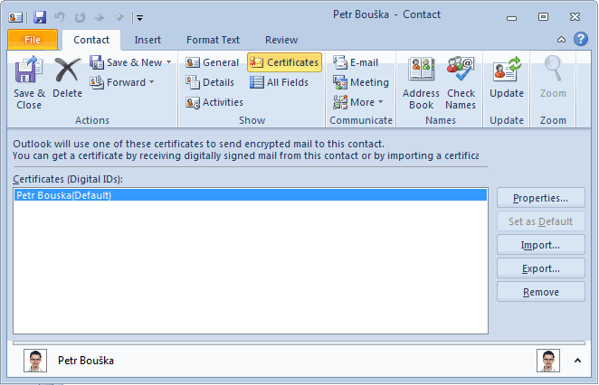 Outlook 2010 - certifikát u kontaktu