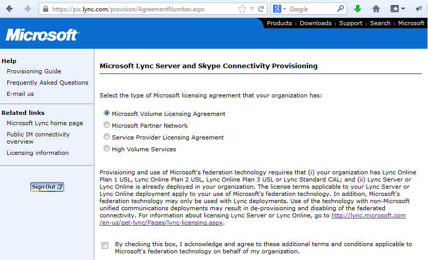 Lync and Skype Provisioning page