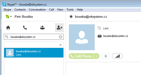 Skype - vyhledání Lync uživatele