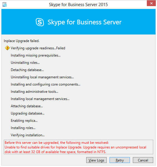 Skype for Business upgrade - požadavek na místo na disku