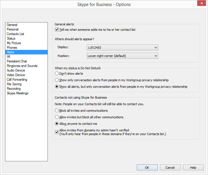 Skype for Business - Options Alerts