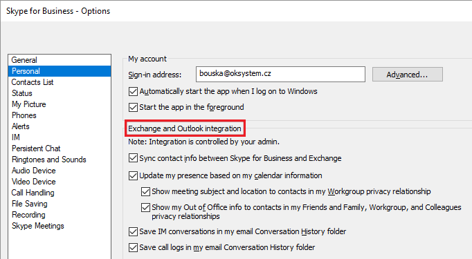 Skype for Business klient nastavení integrace Exchange a Outlook