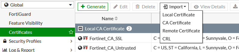 FortiGate System > Certificates