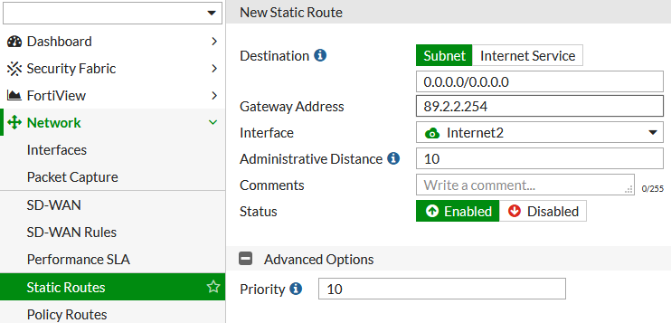 FortiGate definice Default Route s horší prioritou