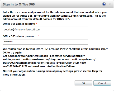 Skype for Business Server Control Panel - přihlášení do Office 365 2