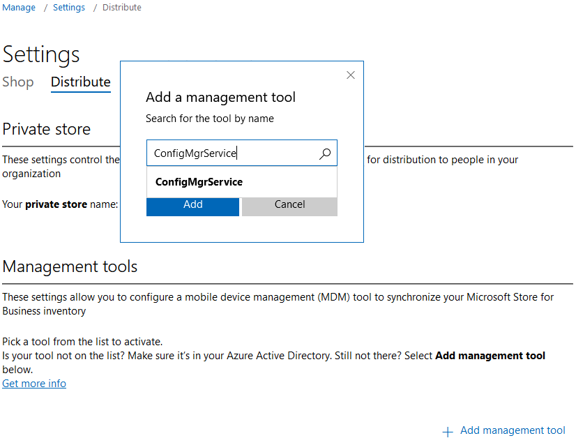 Microsoft Store for Business - Add Management tool