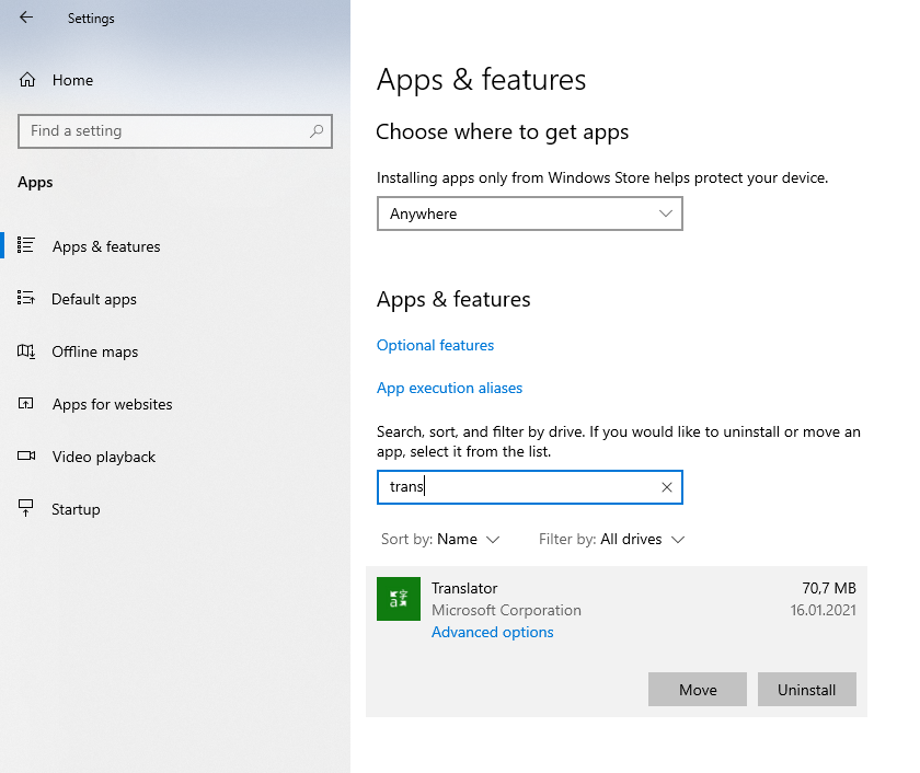 Windows 10 Windows Settings Apps - Uninstall