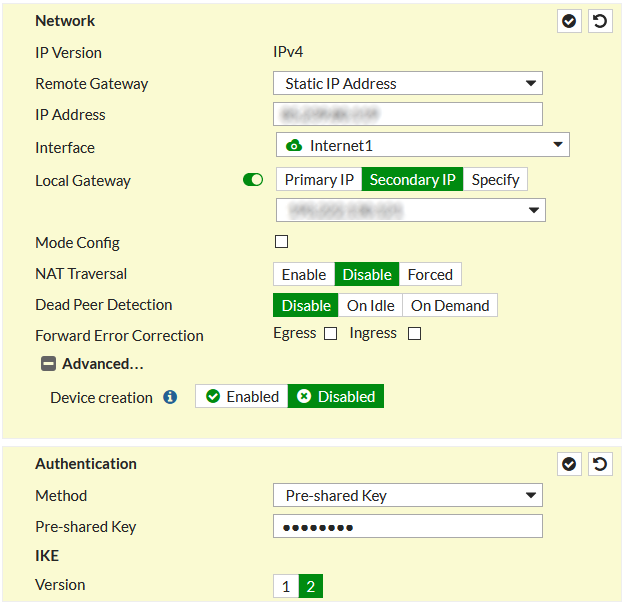FortiGate IPsec VPN Phase 1 Network a Authentication