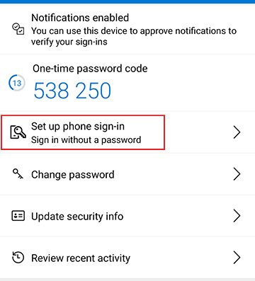 Microsoft Authenticator nastavení Phone sign-in 1