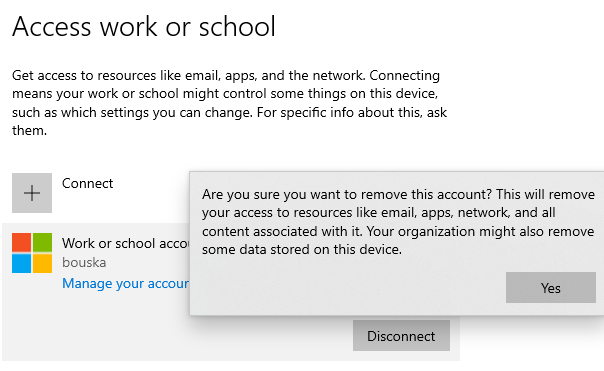 Windows 10 Accounts - Access work or school - Disconnect 