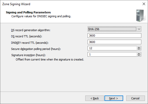DNS Manager - DNSSEC - Signing and Polling Parameters