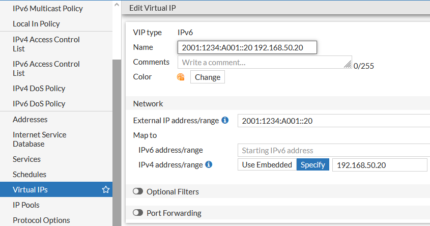 FortiGate 7.0.5 Virtual IP pro NAT64