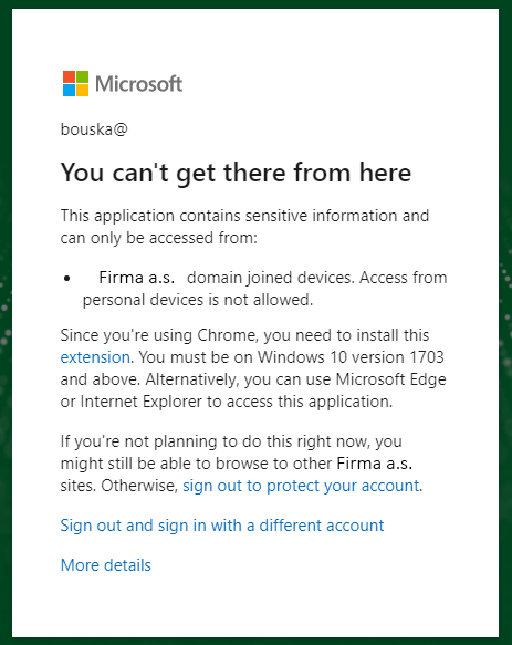 Chrome Azure AD přihlášení vyžadující počítač zařazený do domény