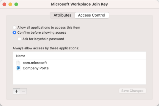macOS Keychain Access - Microsoft Workplace Join Key - Access Control