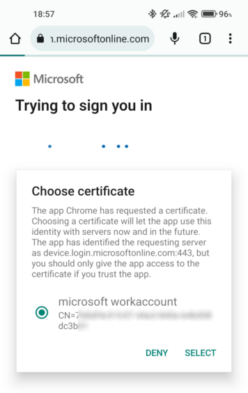 Android Device Authentication - volba certifikátu