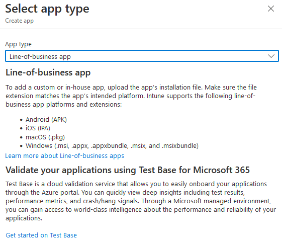 Intune - Apps - Add app - Select type