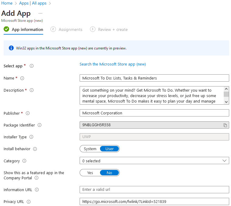 Intune - Apps - Add app - Microsoft Store app (new)