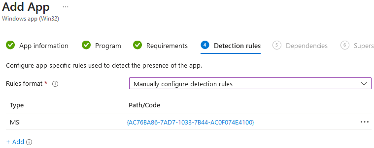 Intune - Apps - Add app - Win32 - Detection rules