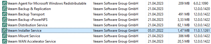 Veeam services po upgradu a Veeam Installer Service