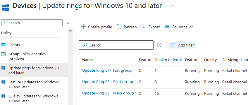 Intune - Devices - Update rings for Windows 10 and later