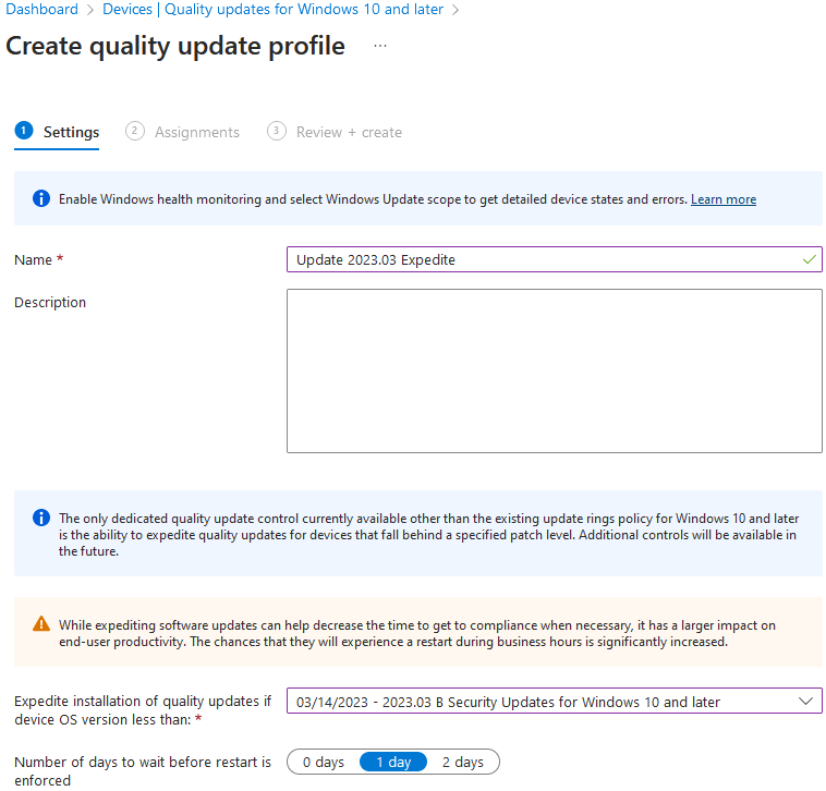Intune - Devices - Quality updates for Windows 10 and later