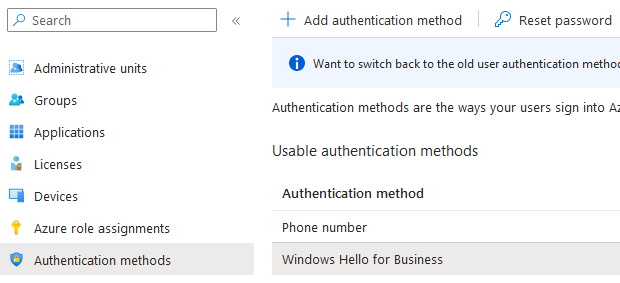 Windows Hello for Business  - User Azure AD Authentication methods