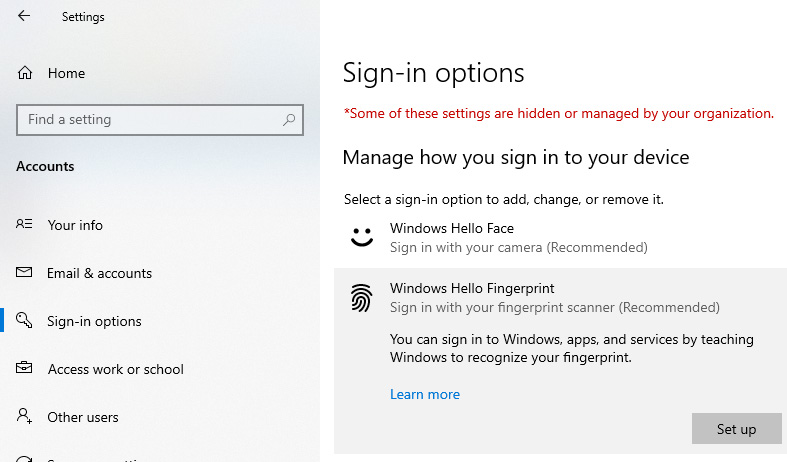 Windows Hello for Business - Sign-in options Fingerprint