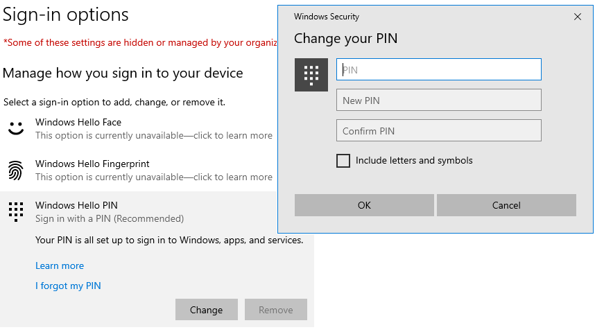 Windows Hello for Business - Sign-in options změna PIN