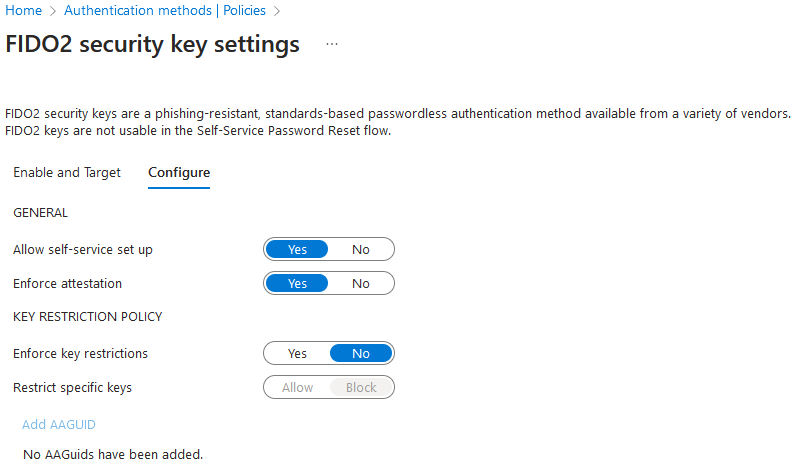Azure AD Authentication methods - FIDO2 security key