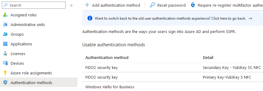 FIDO2 - User Azure AD Authentication methods