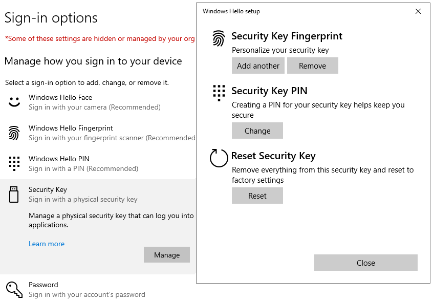 Windows nastavení Security Key Sign-in