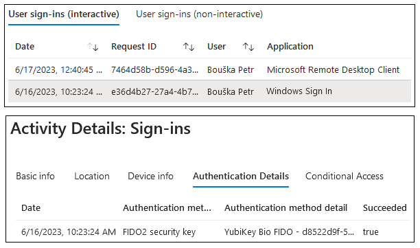 FIDO2 - Azure AD Sign-in logs
