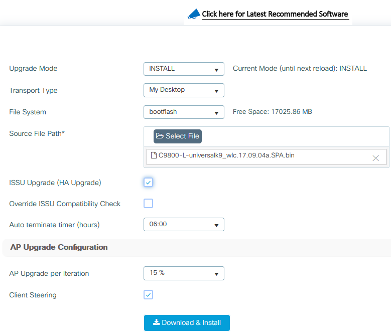 WLC C9800 WebUI - Software Upgrade ISSU