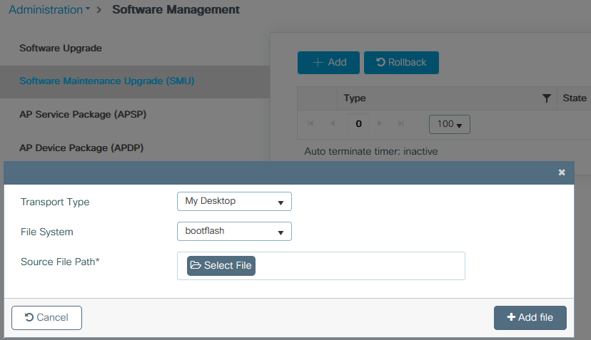 WLC C9800 WebUI - Administration - Software Maintenance Upgrade (SMU)
