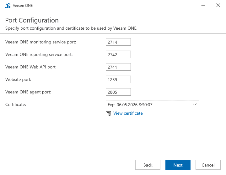 Instalace Veeam ONE - nastavení portů a certifikátu