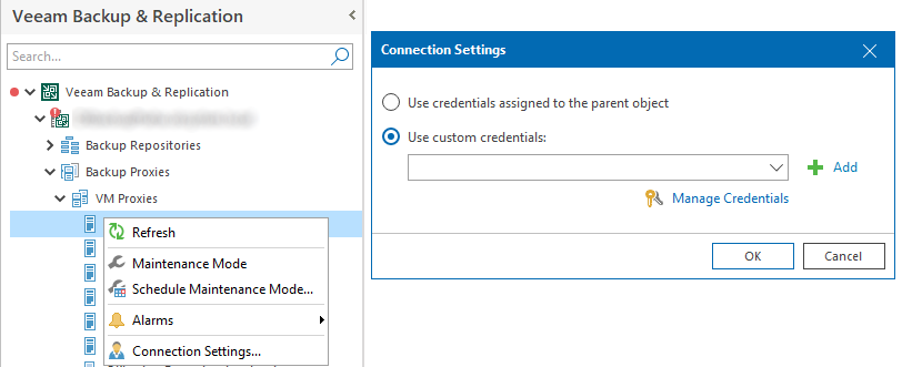 Veeam ONE - nastavení účtu pro připojení ke komponentě