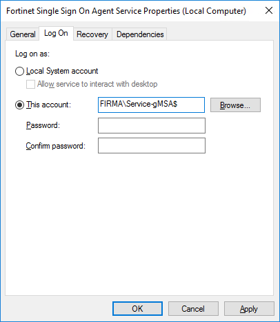 Managed Service Account nastavení na službe