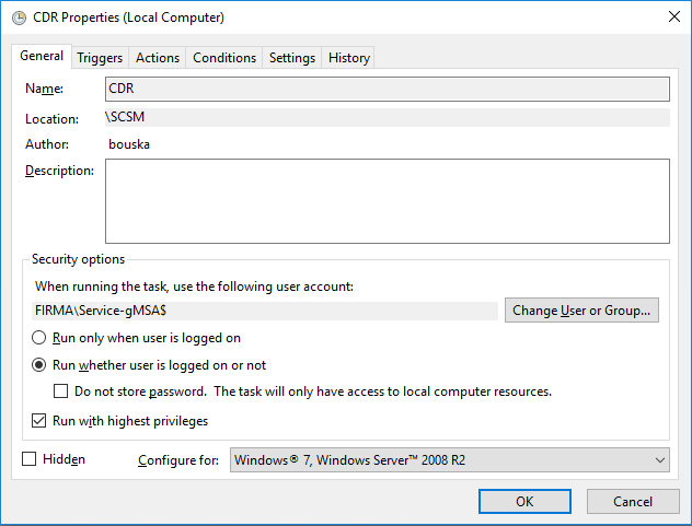 Managed Service Account nastavení na naplánované úloze Scheduled Task