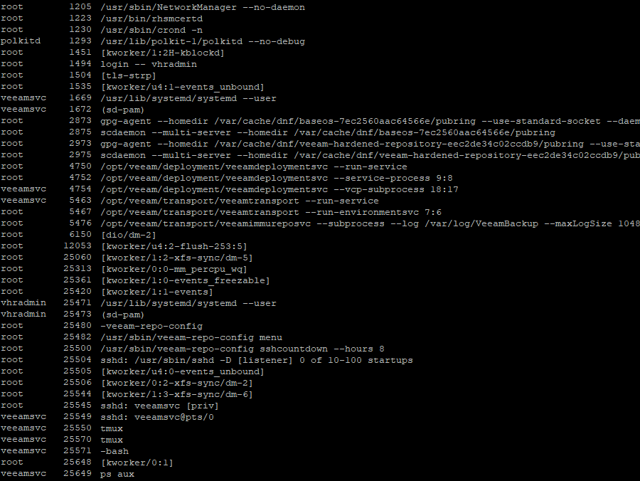 Veeam Hardened Repository - aktivní procesy s uživatelem Veeam Hardened Repository - aktivní procesy s uživatelem
