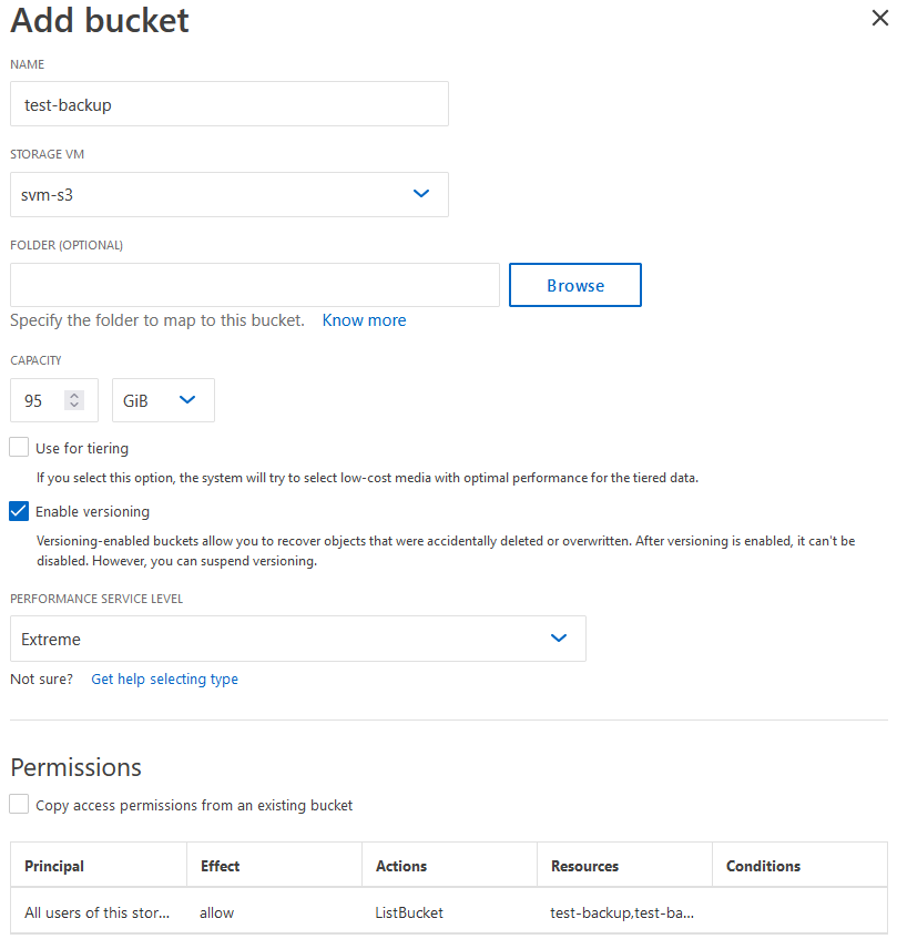 NetApp ONTAP - Add bucket - parametry 1