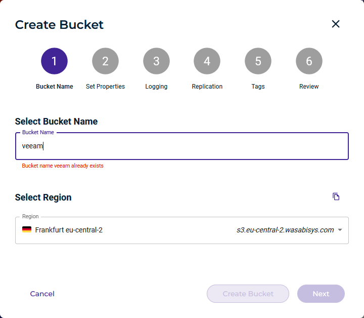 Wasabi - Create Bucket - step 1