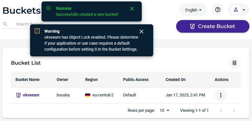 Wasabi - Create Bucket - Finish
