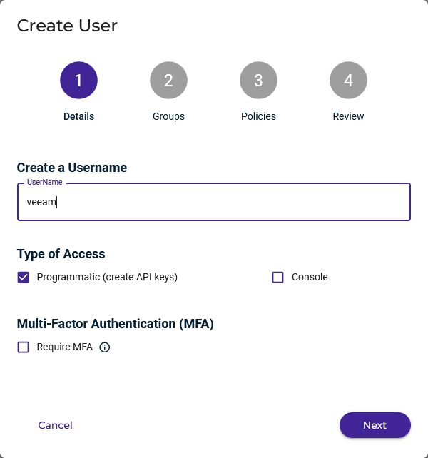 Wasabi - Create User - step 1