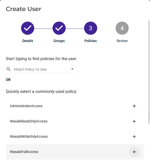 Wasabi - Create User - step 3