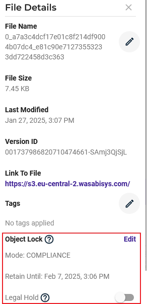 Wasabi - Object Details - Object Lock