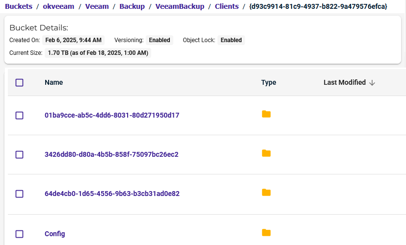 Struktura objektového úložiště (Wasabi) pro Veeam zálohy