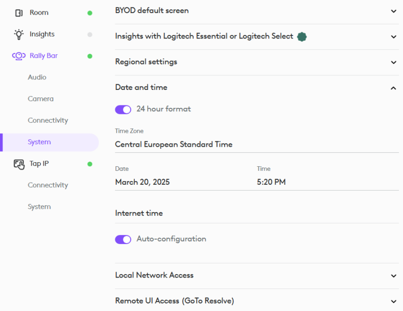 Logitech Sync Portal - Rally Bar - System Settings