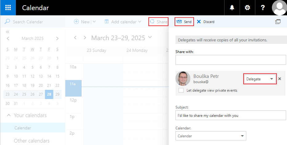 Outlook on the web - Add Delegate Access