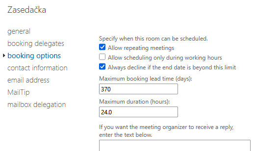 Exchange Admin Center - booking options